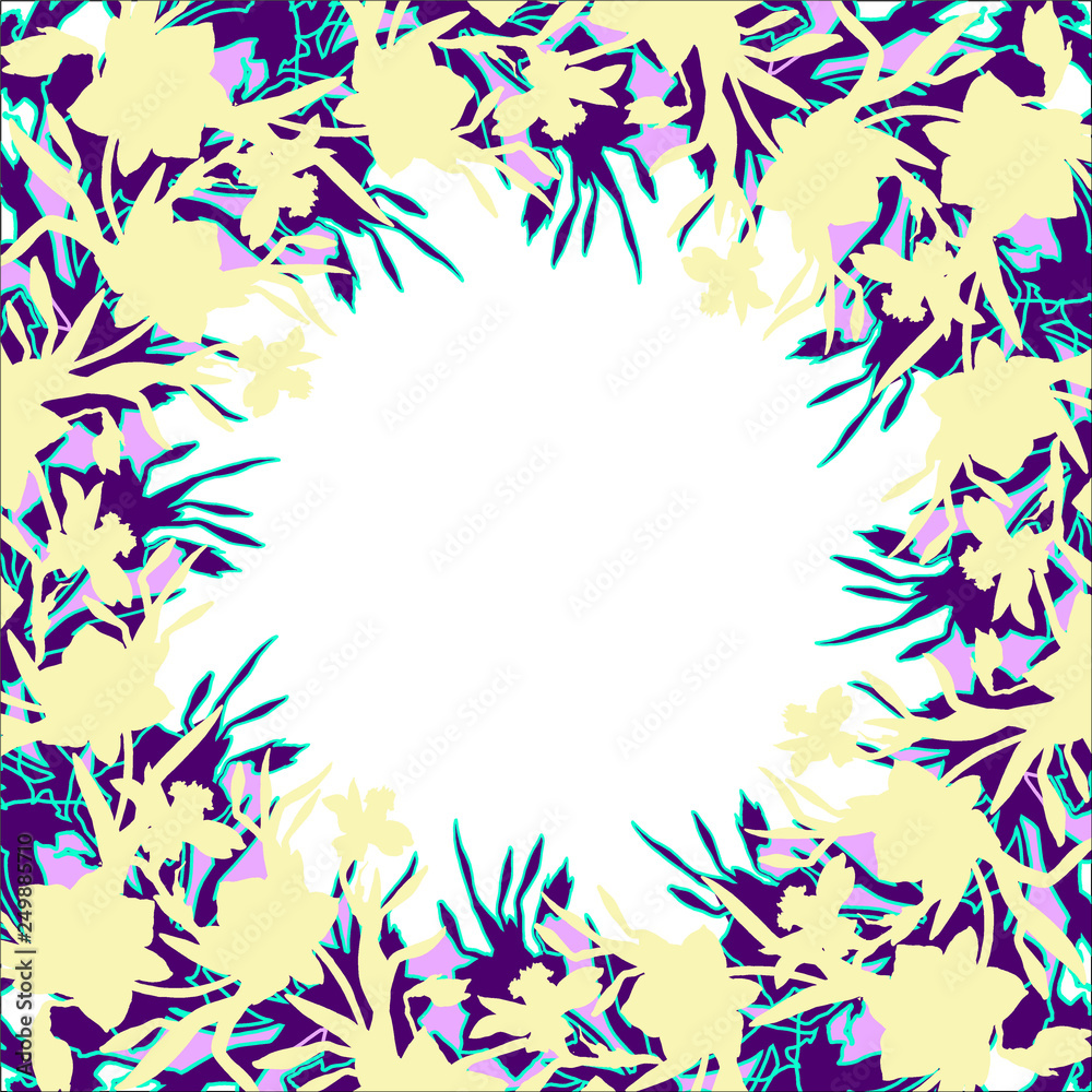 Spring floral frame with silhouettes of flowers Daffodils. Colorful hahd drawn manual graphic. Template, printing, packaging, advertising, web design, greeting card design. Spring floral frame with silhouettes of flowers Daffodils. Colorful hahd drawn manual graphic. Template, printing, packaging, advertising, web design, greeting card design.