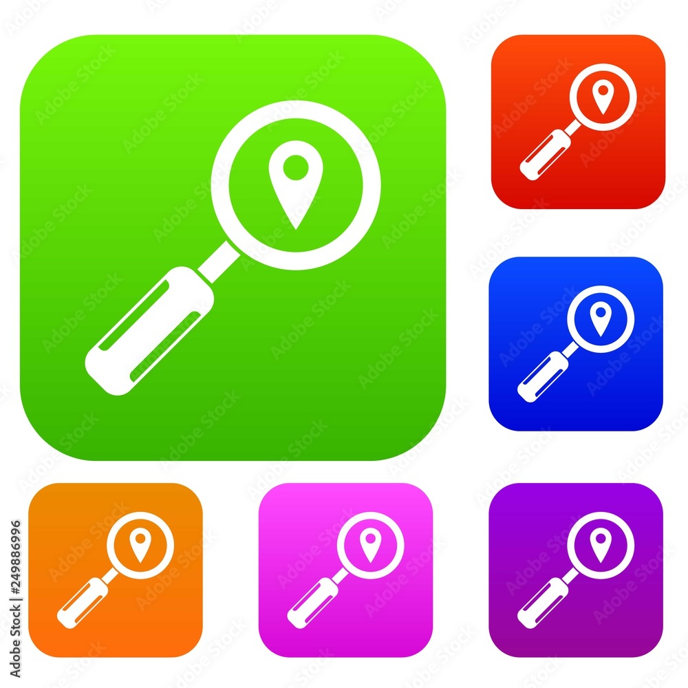 Magnifying glass and map location set icon in different colors isolated vector illustration. Premium collection Magnifying glass and map location set icon in different colors isolated vector illustration. Premium collection