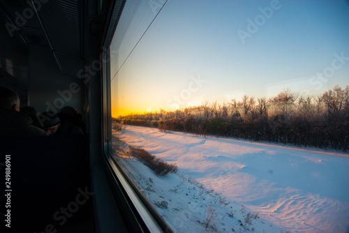 forests and fields in the rays of dawn through the window of a speeding train