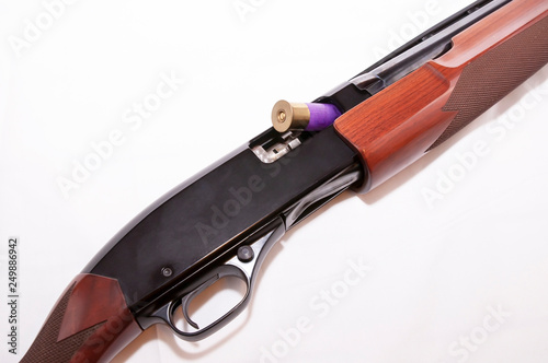 A purple 12 gauge shotgun shell shown partially in the chamber of a 12 gauge shotgun on a white background © woodsnorth