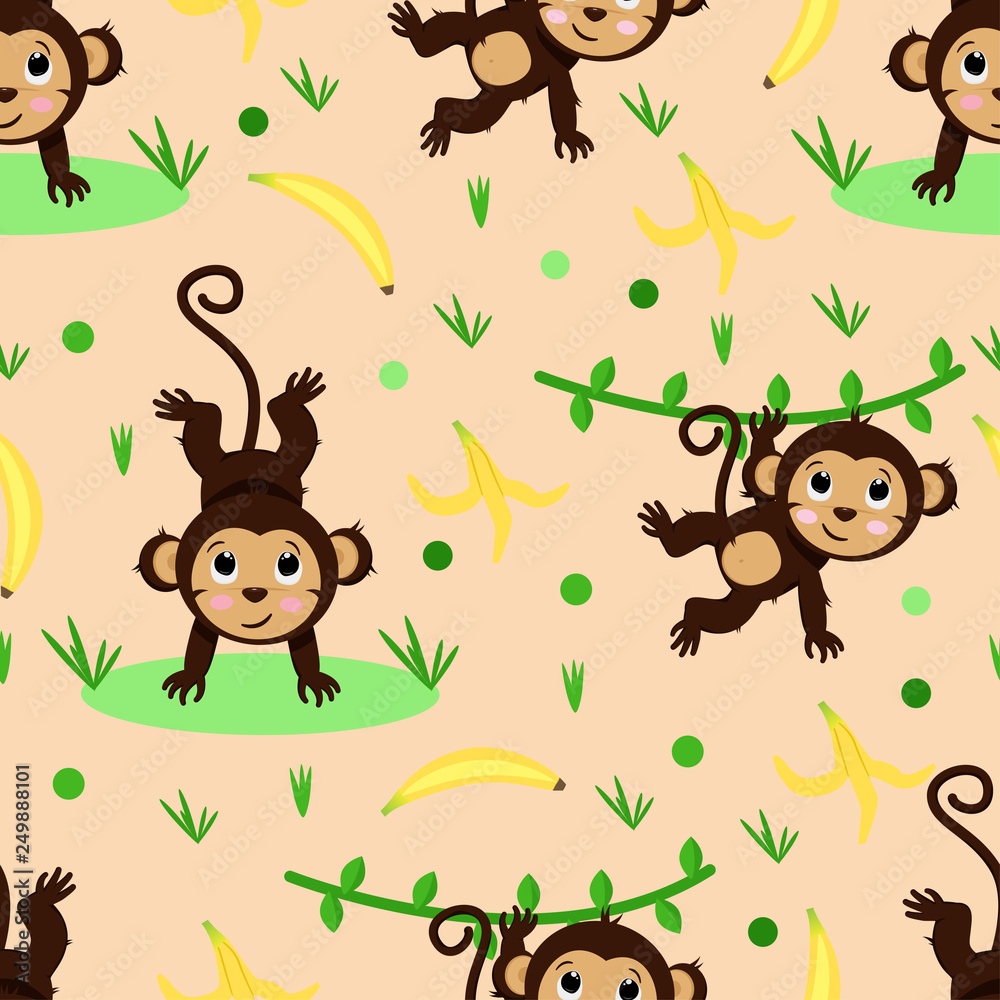 Fototapeta premium seamless pattern with monkey and banana - vector illustration, eps