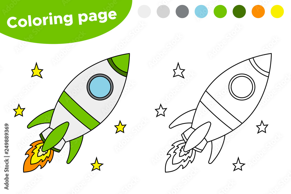 Educational game for preschool kids. Printable coloring page or book, with rocket. Vector illustration.