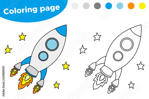 Educational game for preschool kids. Printable coloring page or book, cute rocket. Space theme. Vector illustration.