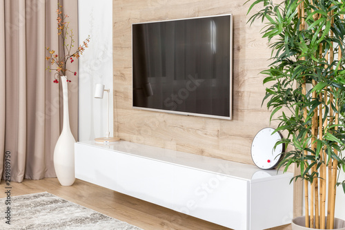 Living room with couch and led tv on wooden wall photo