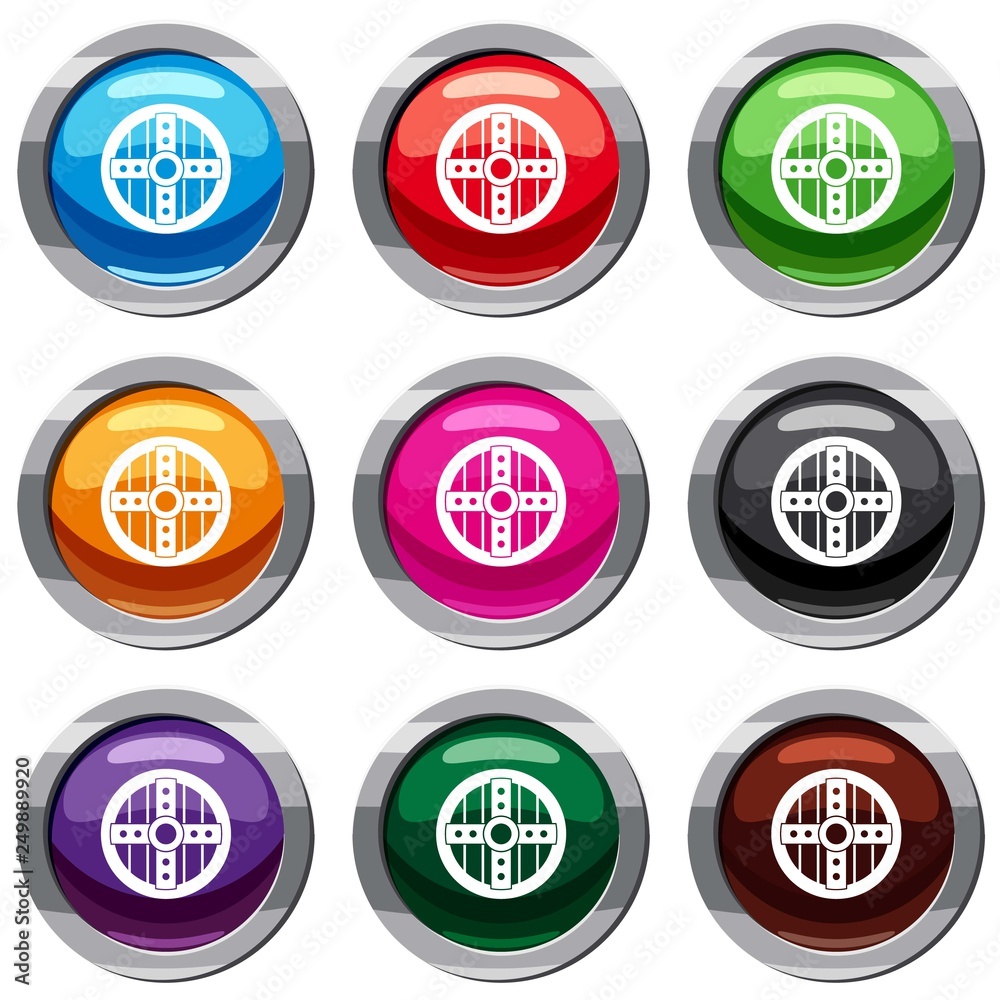 Round protective shield set icon isolated on white. 9 icon collection vector illustration