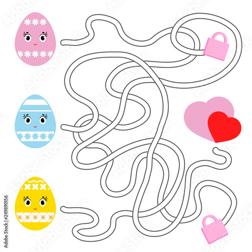 Color abstract labyrinth. Kids worksheets. Activity page. Game puzzle for children. Cute egg toon, the way to the heart, holiday, Easter. Maze conundrum. Vector illustration.