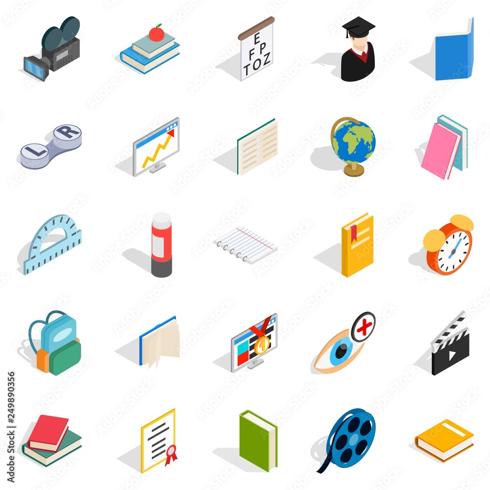 Knowledge icons set. Isometric set of 25 knowledge vector icons for web isolated on white background