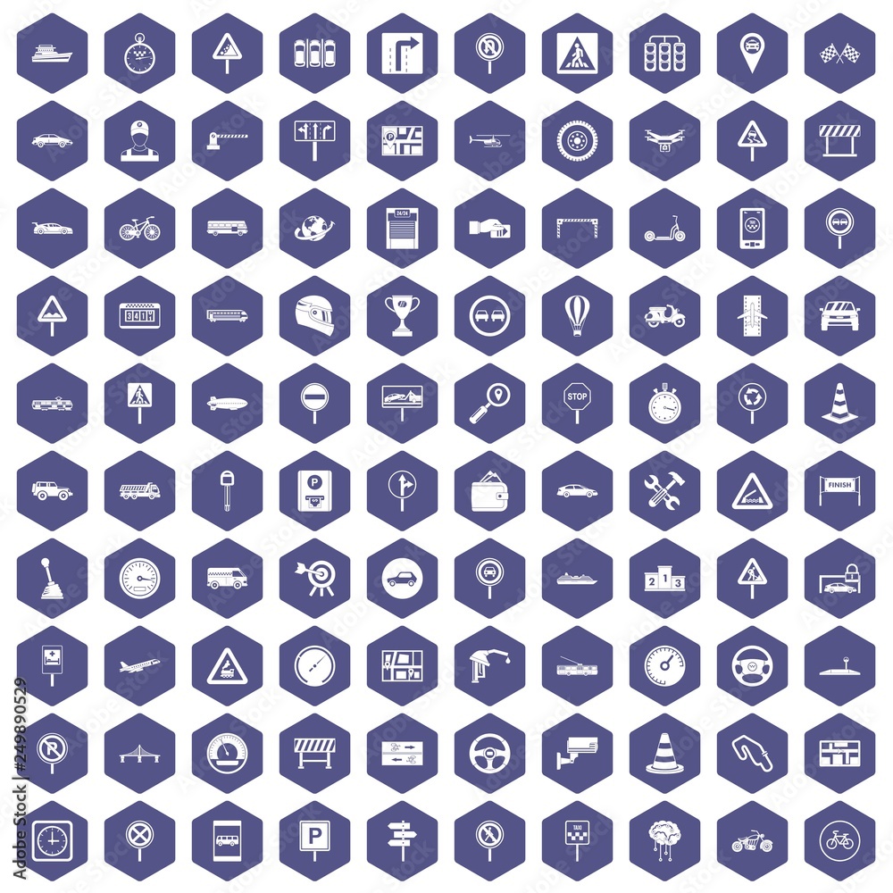 100 traffic icons set in purple hexagon isolated vector illustration 100 traffic icons set in purple hexagon isolated vector illustration