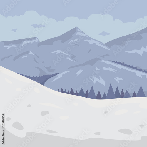 Winter Mountains landscape vector. Cartoon outdoors vector Illustration. Snow mountain.