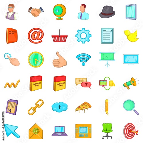 Work time icons set. Cartoon style of 36 work time vector icons for web isolated on white background