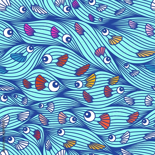 Seamless pattern with fish. Sea waves and fish.
