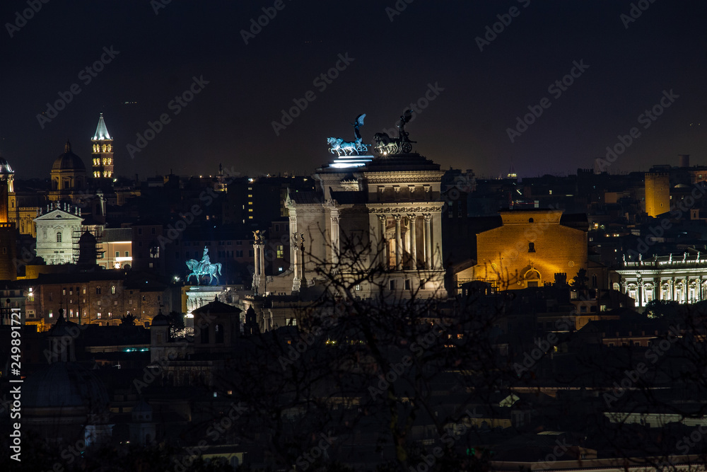Rome Italy. View of Rome, of the main monuments at night. A view from the top of the Janiculum.