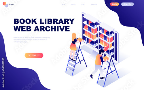 Modern flat design isometric concept of Book Library decorated people character for website and mobile website development. Isometric landing page template. Vector illustration.
