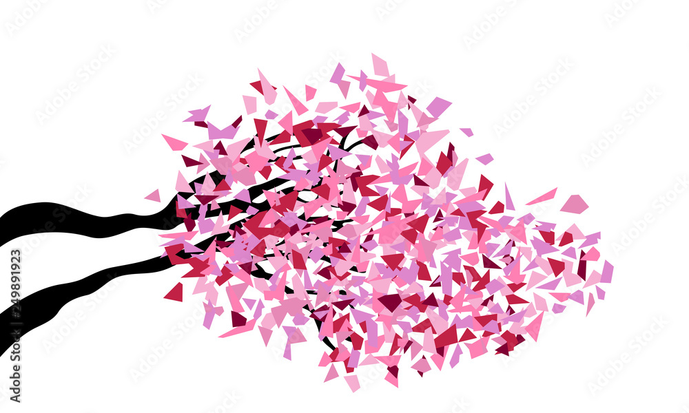 Abstract cherry blossom branch, triangle scatter art, vector illustration