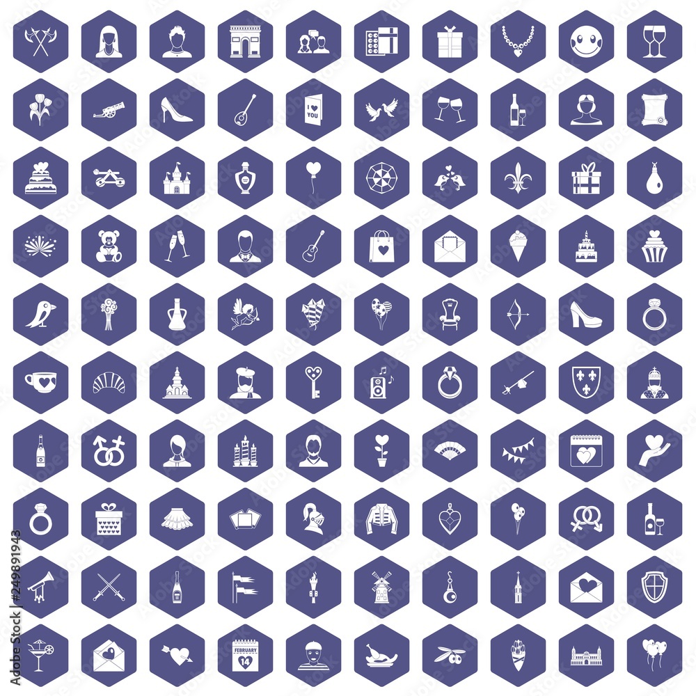 100 valentine day icons set in purple hexagon isolated vector illustration 100 valentine day icons set in purple hexagon isolated vector illustration
