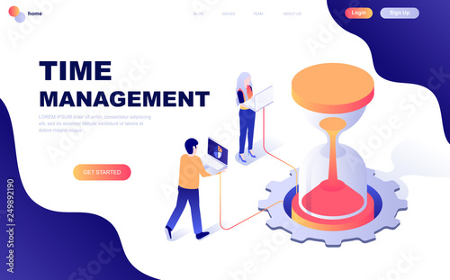 Modern flat design isometric concept of Time Management decorated people character for website and mobile website development. Isometric landing page template. Vector illustration.
