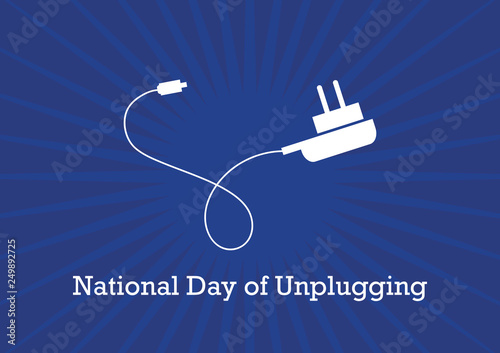 National Day of Unplugging vector. Electric power. Graphics recharger white icon. Digital detox from technology. Important day