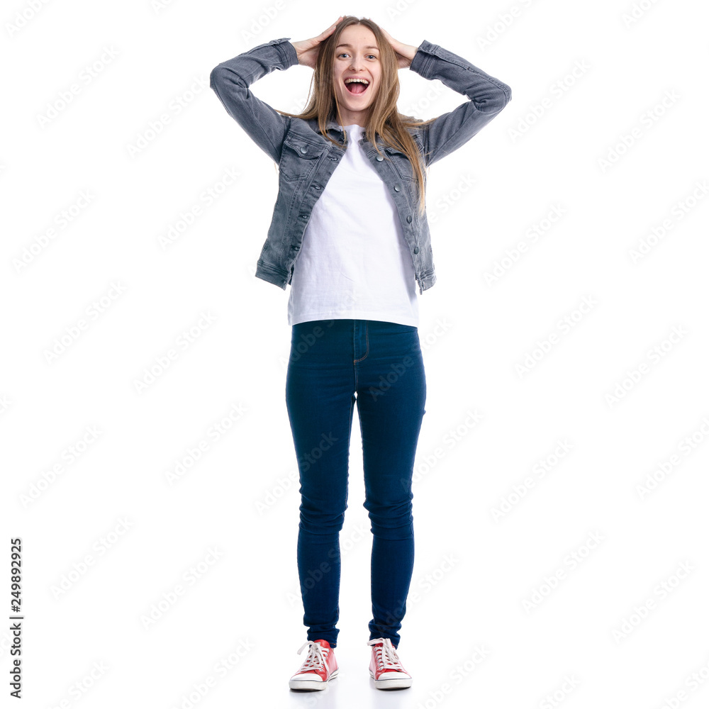 Woman in jeans wow looking happiness on white background. Isolation Woman in jeans wow looking happiness on white background. Isolation