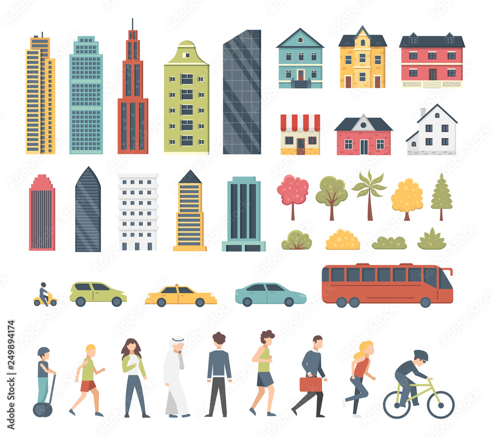 City constructor elements in cartoon style with trees, houses, transport and peopple. Cityscape modern architecture vector icons. Town life big set.