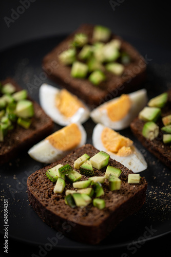 toast with avocado and egg on a black plate