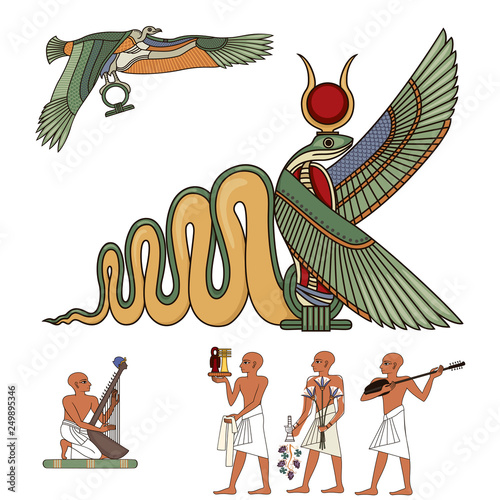 Egyptian hieroglyph and symbol Ancient culture sing and design element.Pharaohs and gods colorful vector.Egypt icons set. - Vector