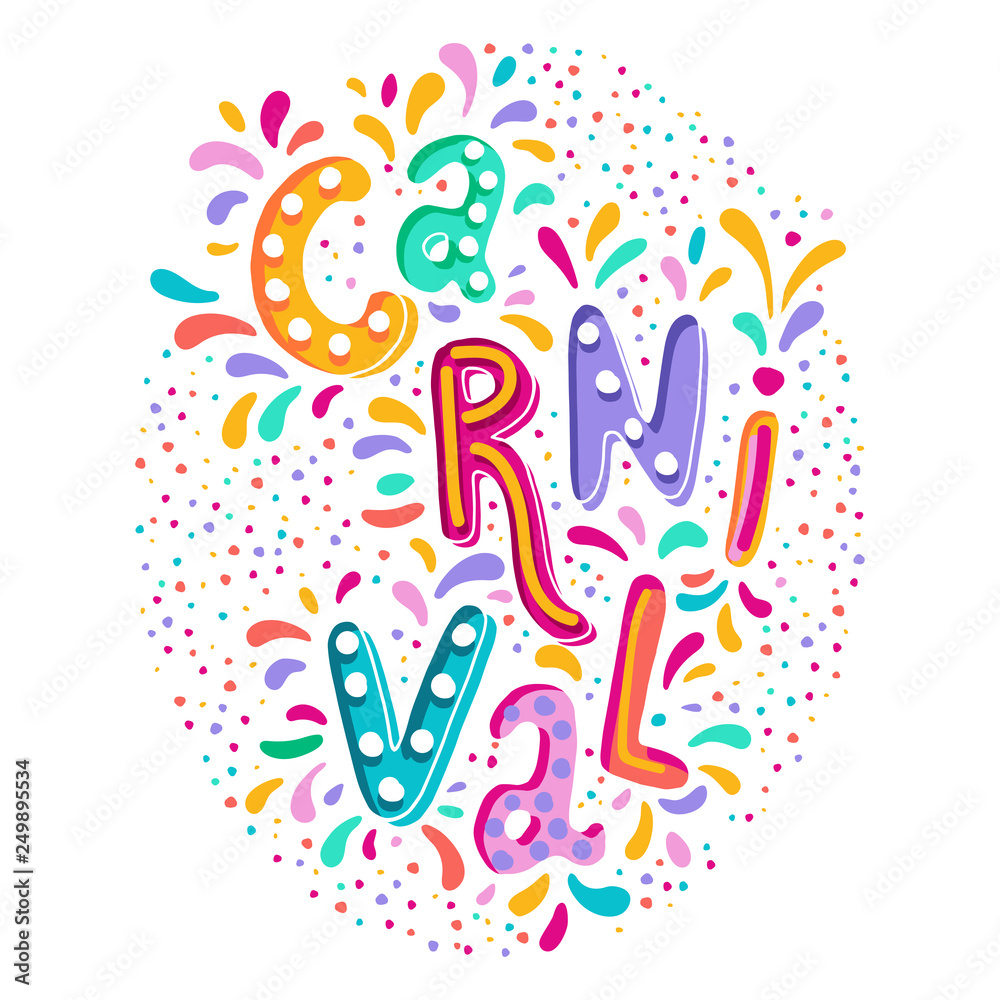 Fototapeta premium Bright colorful vector handwritten lettering text. Popular Event in Brazil. Carnival Title With Colorful Party Elements.