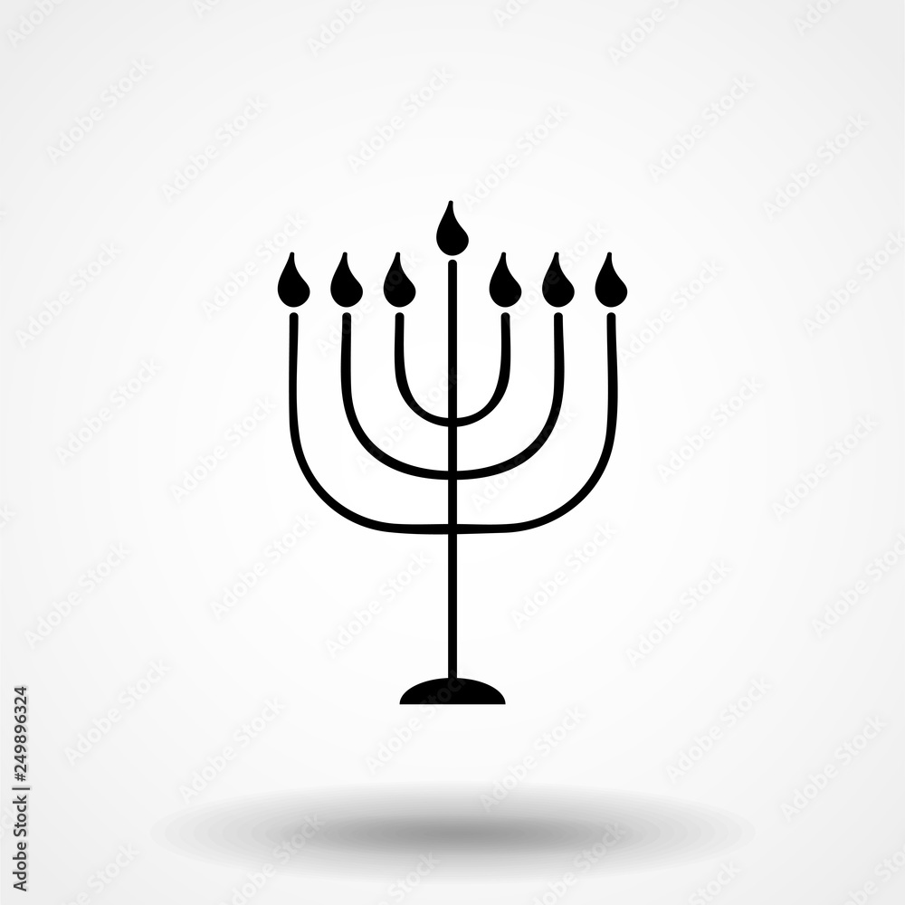Black Menorah with burning candles is isolated on the white background is a flat vector illustration for Hanukkah. The concept is Religion icon.