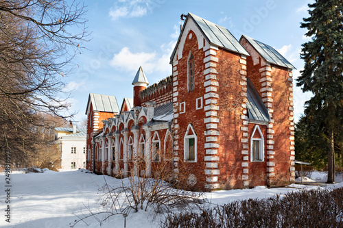 Russian pseudo-gothic architectural style building (1820s) in historic Sukhanovo estate, Moscow oblast, Russia