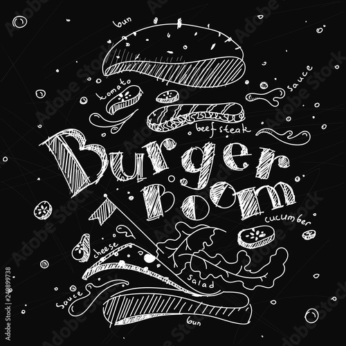 Illustration of a Burger drawn in chalk on a black Board, spread out into components.