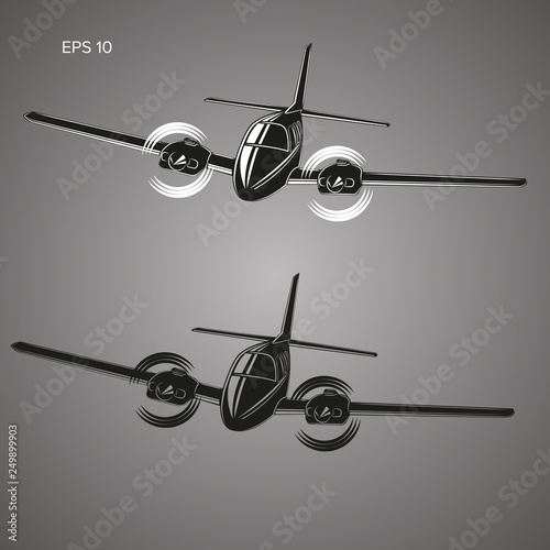 Small plane vector illustration. Twin engine propelled aircraft. Business trip aircraft.