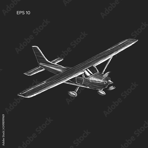 Small plane vector sketch. Hand drawn single engine propelled aircraft. Air tours wehicle.