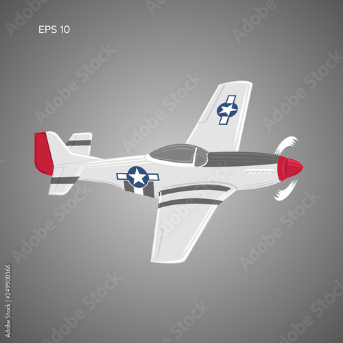 Legendary WWII american fighter aircraft. Single piston engine war machine vector illustration