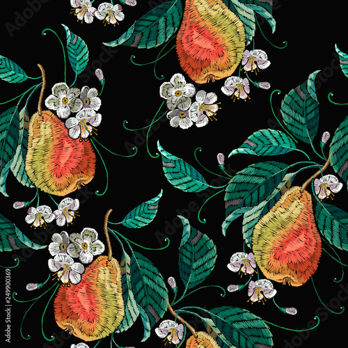 Embroidery pear fruits leaves seamless pattern. Botanical illustration. Fashion template for clothes, textiles and t-shirt design