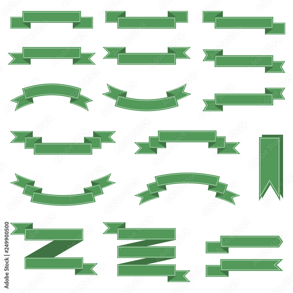 Green Ribbon Set Banners, Labels isolated on white background. Collection of 18 ribbons. Vector illustration for your design.
