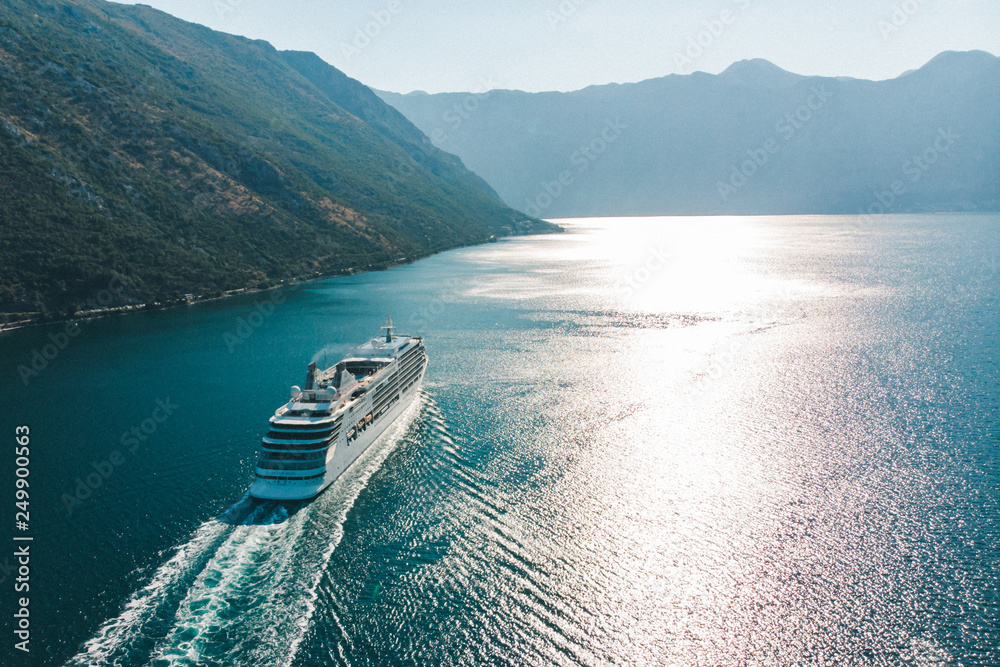 aerial view of cruise liner in sea bay
