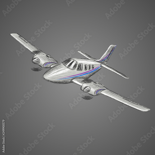 Small plane vector sketch. Hand drawn twin engine propelled aircraft. Air tours wehicle silhouette.