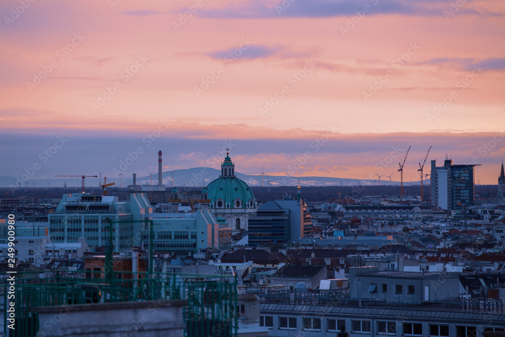 Urban sunset landscape of city of Vienna