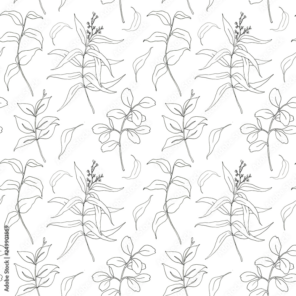 Sketch eucalyptus leaves big seamless pattern. Hand painted sepia eucalyptus leaves and branch isolated on white background for design, print or fabric.