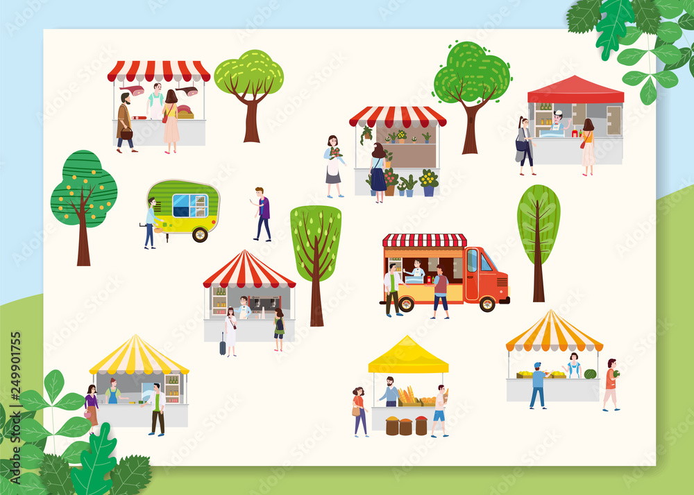 Outdoor street food festival with people walking between vans or caterers, canopy, buying meals, eating and drinking, taking selfie, talking to each other. Template, flyer, baner, invitation, card