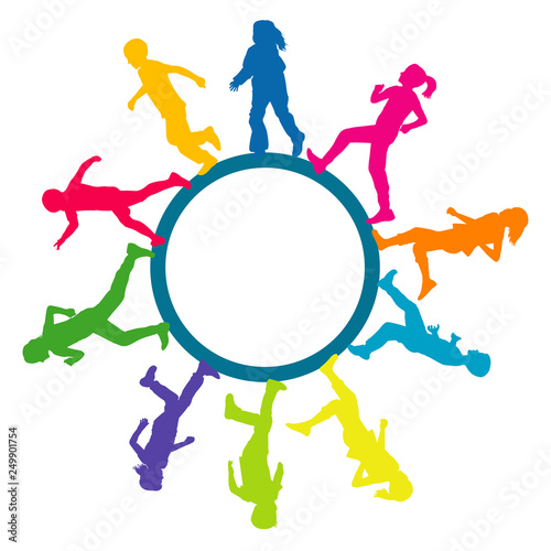 Circular frame with silhouettes of running children