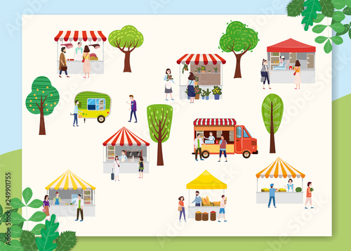 Outdoor street food festival with people walking between vans or caterers, canopy, buying meals, eating and drinking, taking selfie, talking to each other. Template, flyer, baner, invitation, card
