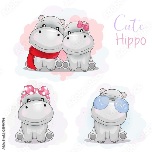 set cute cartoon hippo with ribbon, sun glasses and scarf
