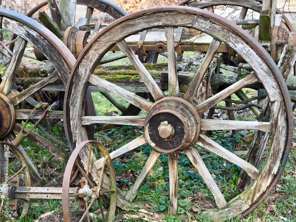 Old cart with big wooden wheels