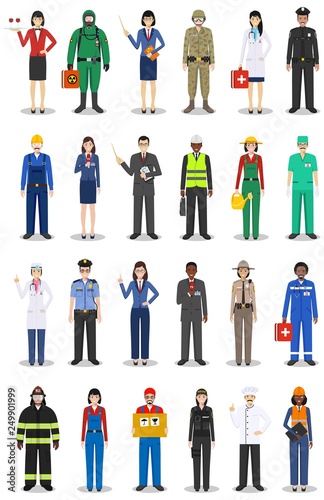 People occupation characters set in flat style isolated on white background. Different men and women professions characters standing together. Templates for infographic, sites, social networks. Vector