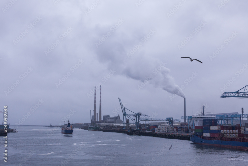 A seagull flies in the foreground of the Dublin docks, with smoke from chimneys