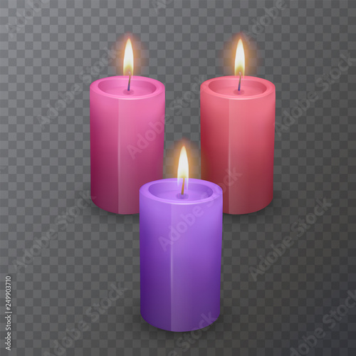 Realistic candles of bright colors, Burning candles on dark background, vector illustration