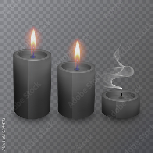 Realistic black candles, Burning candles and extinguished candles on dark background, vector illustration