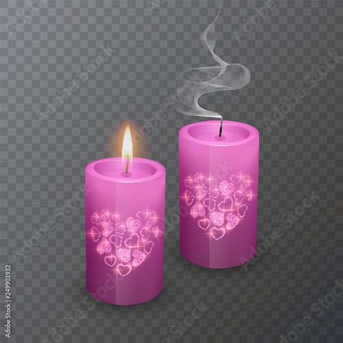Set of realistic candles of pink color with a shiny coating of hearts, suitable for a romantic dinner, candles burning and extinguished on a transparent background, vector illustration