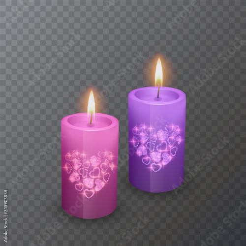 Set of realistic candles of pink and violet colors with a shiny coating of hearts  suitable for a romantic dinner  candles burning and extinguished on a transparent background  vector illustration