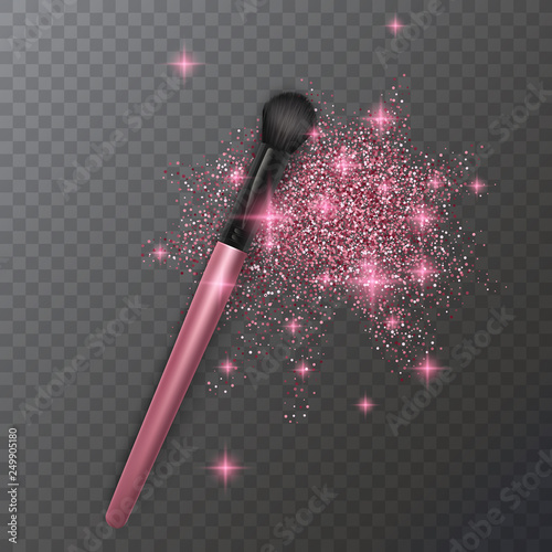 Illustration of Makeup Brush for EyeShadow and glittering texture of pink color, glitter on transparent background